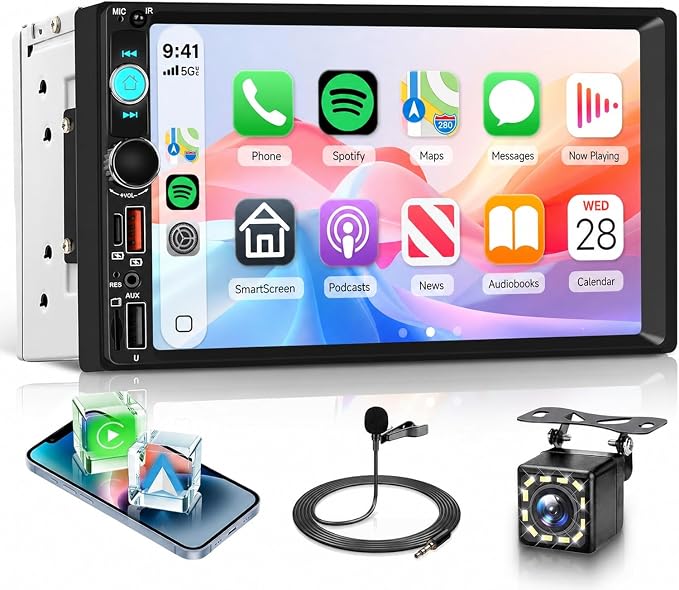 7 Inch Double Din Car Radio Stereo, Wireless CarPlay Android Auto, 2 Din Touchscreen Carplay Stereo, Bluetooth FM/AM/RDS EQ, USB Type-C SWC, Backup Camera