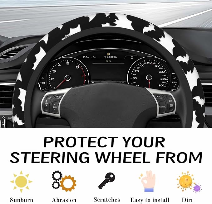 Steering Wheel Cover Accessories Neoprene Cover, Breathable Non-Slip Easy to Install Suitable for Women Men, 14.5-15.5 Inch for Car SUV Van Truck Universal - Bat