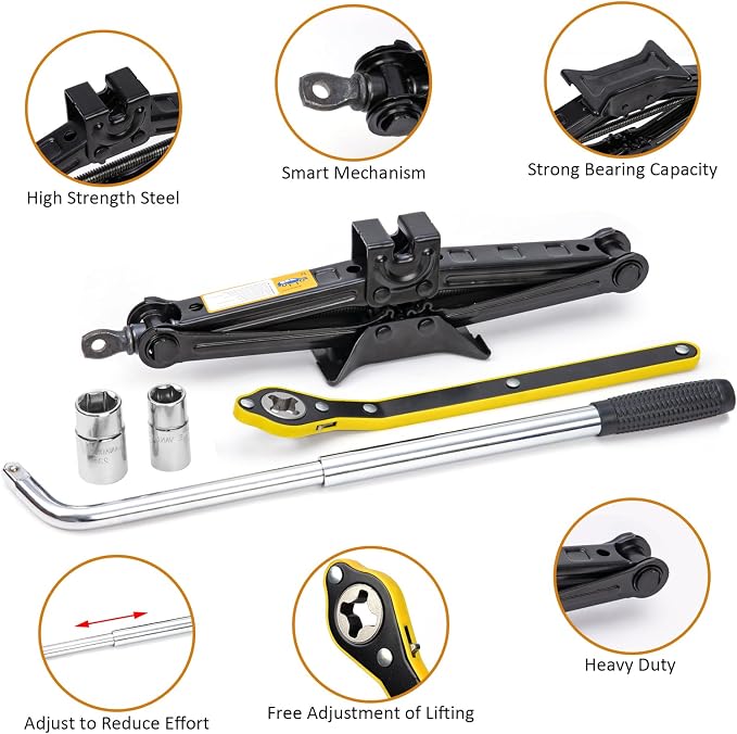 Car Jack Kit 2 Ton (4,409 lbs) Portable Scissor Jack for Car, Tire Jack Changing Kit with Lug Wrench, Black