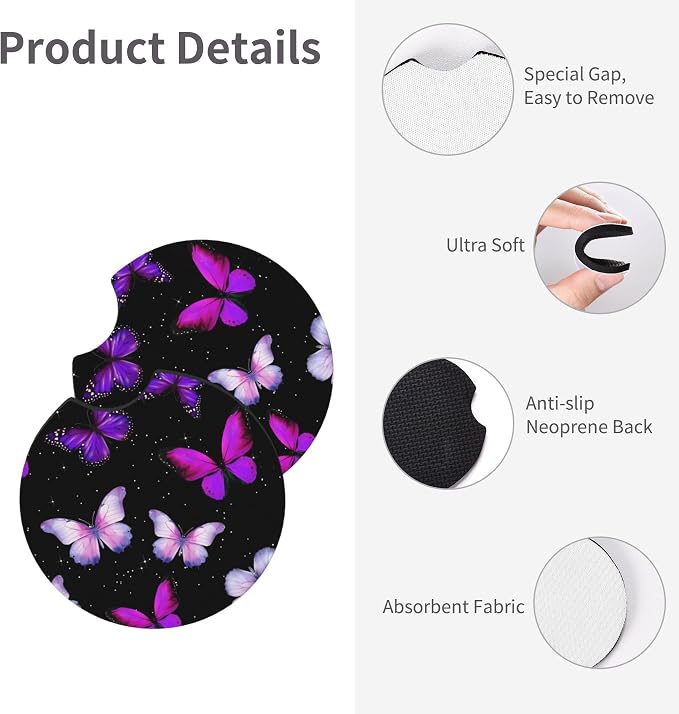 Butterfly Purple Steering Wheel Cover Set + Butterflies 2 Car Coasters | Cute Fashion Car Accessories, Breathable Anti-Slip, Universal 14-15 Inch, Neoprene Coasters, Gift for Women Men