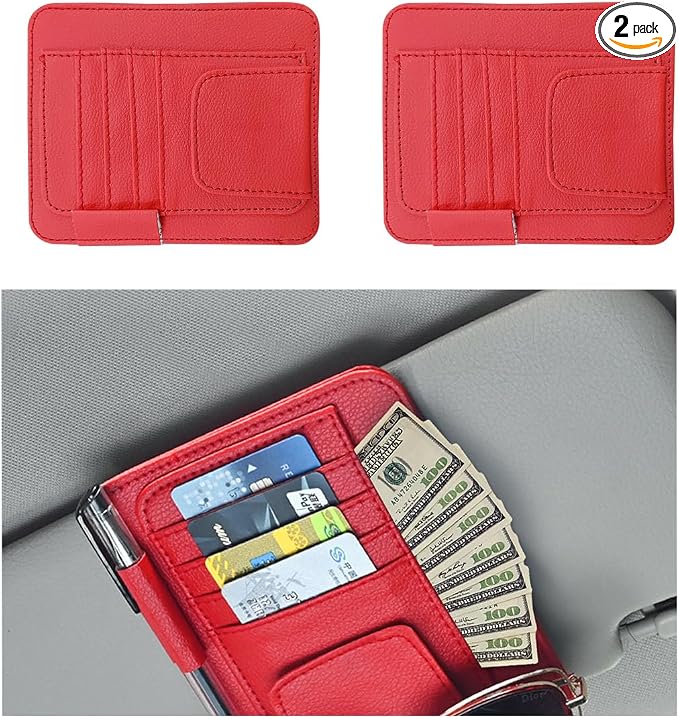 2 PCS Car Sun Visor Organizer, Small Auto Visor Organizer and Storage, Registration and Document Holder for Sunglasses, Card, Pen, Driver License, Car Accessories (Red)