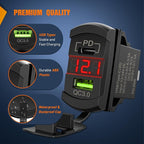 Rocker Switch Style USB Outlet LED Voltmeter Quick connector 12V PD Type C and USB QC 3.0 Cars Replacement with Inline Fuse for Switches Panel on Boats RV Truck Car