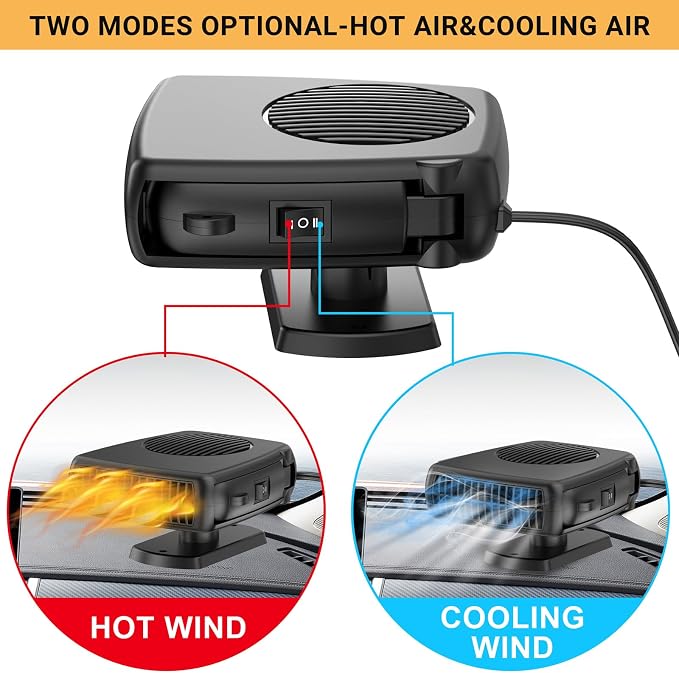 12V Car Heater, 200W Portable Windshield Defroster with Heating/Cooling Fan and Plug in Cigarette Lighter Fast Heating Defrost Defogger with Ergonomic Handheld Design for All Kinds of Cars (Black)