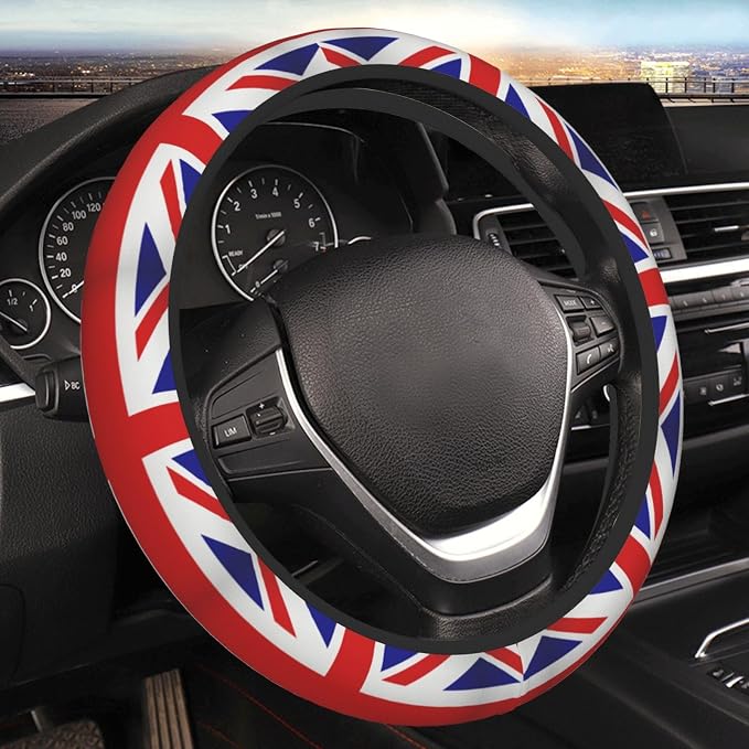 Elastic UK Flag Car Steering Wheel Cover Protector Upgrade Thicken,United Kingdom Union Jack Red,Stretchy Soft Car Accessories Interior Decor for Diverse Cars Truck SUV Men Women Universal 15 Inch