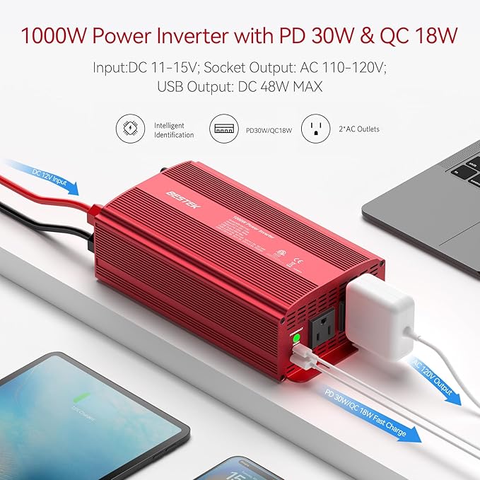 1000W Car Power Inverter, DC 12V to 110V Car Power Converter with 2 AC Outlets/30W PD USB-C/18W Quick USB A Charge Multi-Protection 1000 watt Power Inverter for Vehicles/Car/RV/Home
