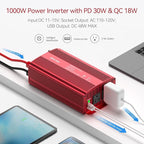 1000W Car Power Inverter, DC 12V to 110V Car Power Converter with 2 AC Outlets/30W PD USB-C/18W Quick USB A Charge Multi-Protection 1000 watt Power Inverter for Vehicles/Car/RV/Home