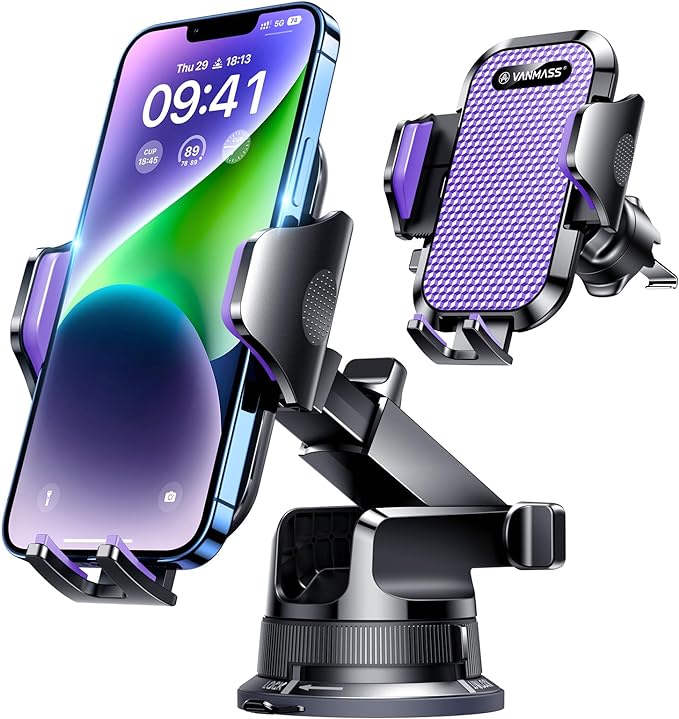 [True Military-Grade] Car Phone Holder [Upgraded Suction & Clip] Cell Phone Mount for Dashboard Windshield Vent Truck Cradle Dash Stand for iPhone 16 Pro Max 15 14 13 12 Android, Purple