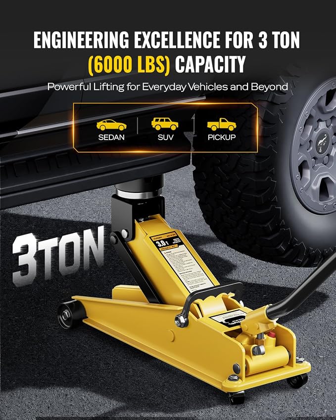 3 Ton (6600 lbs) Floor Jack, Heavy Duty Steel Hydraulic Jack for Car, Low Profile Floor Jack with Rubber Pad, Quick Lift Car Jack with Lifting Range 7.1'' to 20.9'', Yellow