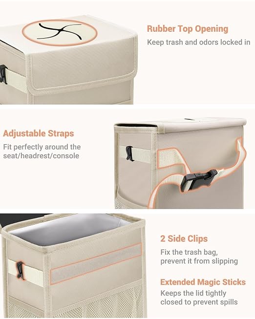 Car Trash Can with Lid, Leakproof Car Trash Bag Hanging Waterproof Automotive Garbage Can with Storage Pockets Mini Vehicle Trash Bin for Back/Front Seat(Beige,3 Gallon)