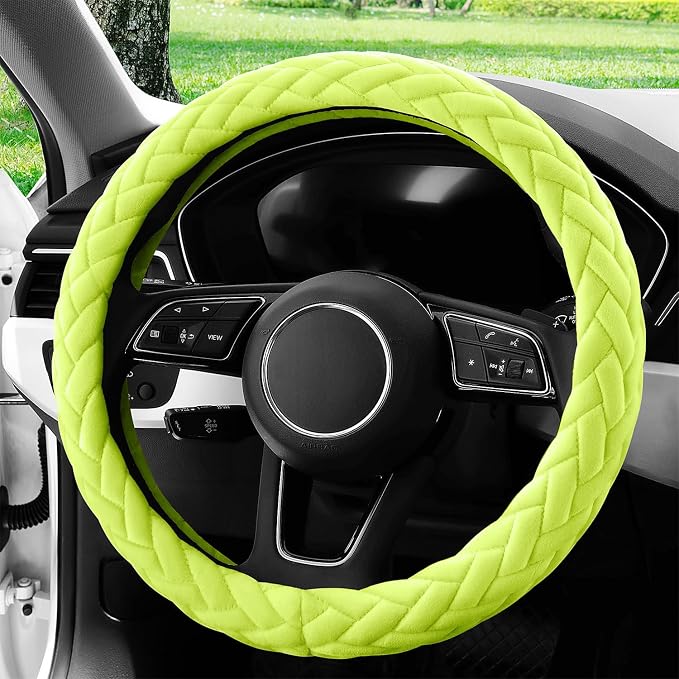 YHONGJT Soft Velvet Steering Wheel Cover 15 Inch Universal Fit for Women Girls, Cute Hands Warm Fuzzy for Vehicles, Sedans, SUVs, Vans, Trucks - Neon Green