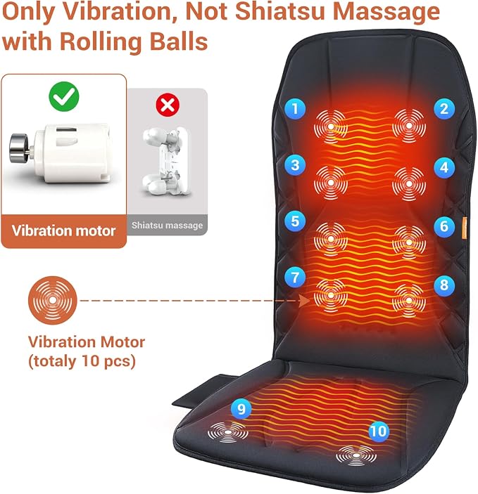 Upgraded Length,10 Vibration Motor,Back Massager Cushion with Heat | Heated Seat Cover Massage Cushion for Pain Relief for home