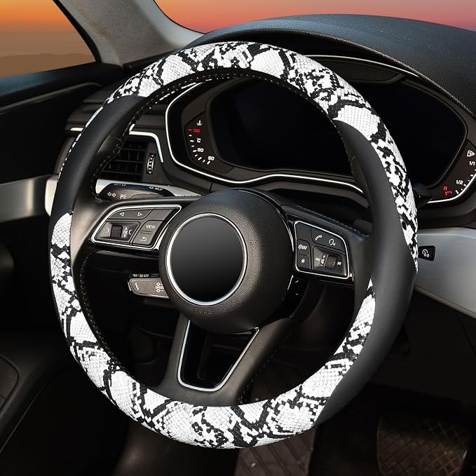 Snake Skin Steering Wheel Cover Leather 14.5-15 Inch, Reversible Car Steering Wheel Cover for Women Men, Anti-Slip Design, Universal Fit for Cars, SUVs, Black&White