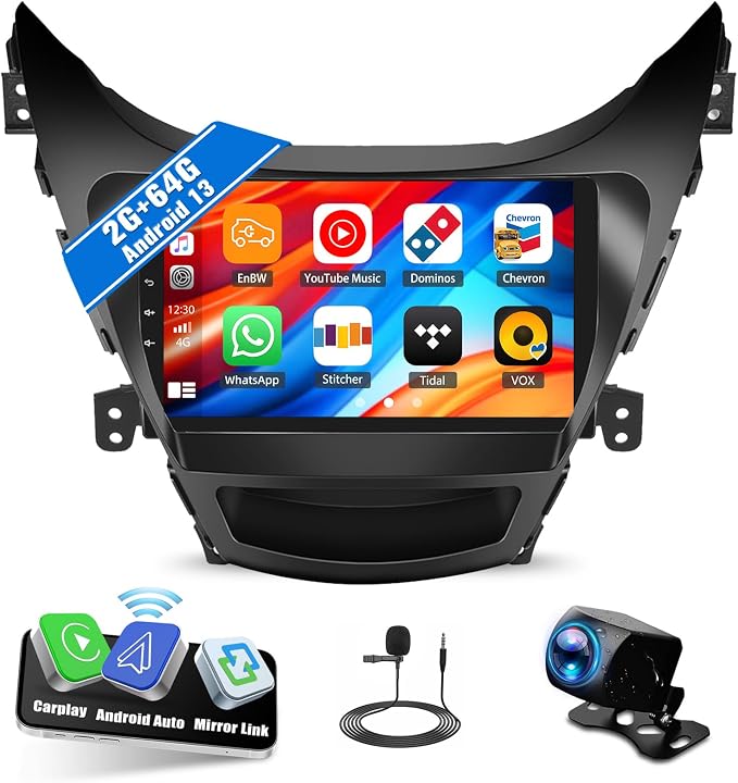 2G+64G Android Car Stereo for Hyundai Elantra 2011 2012 2013 with Wireless CarPlay Android Auto Mirror Link 9 Inch Touchscreen Bluetooth GPS Navigation WiFi FM Backup Camera MIC