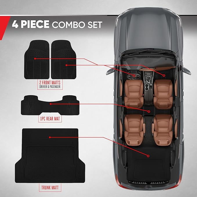 Proliner All Weather Rubber Auto Floor Mats and Trunk Cargo Liner - Front & Rear Heavy Duty Set Fit for Car SUV Van and Truck, Black, 4 Pieces (Trim to Fit)