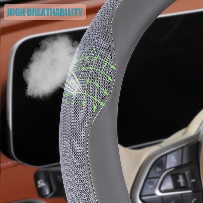 14 inch D Shaped Steering Wheel Cover for Prius Civic, Nappa Microfiber Leather Non-Slip Breathable Fabric, Warm in Winter and Cool in Summer, Gray Small 13.5 inch to 14 inch