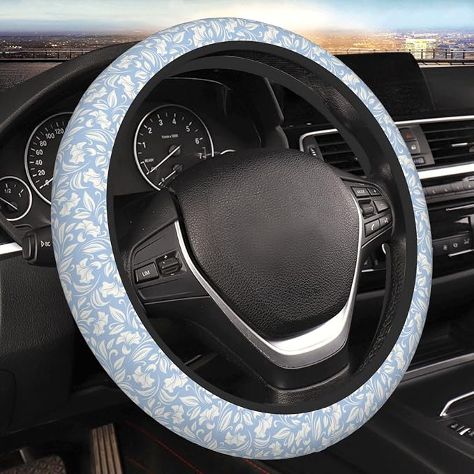 Flowers Steering Wheel Cover Car Elastic Steering Wheel Protector | Blue White Anti-Slip Breathable Car Accessories Interior for Women Men Universal 15 Inch Fit Auto SUVs Vans Truck