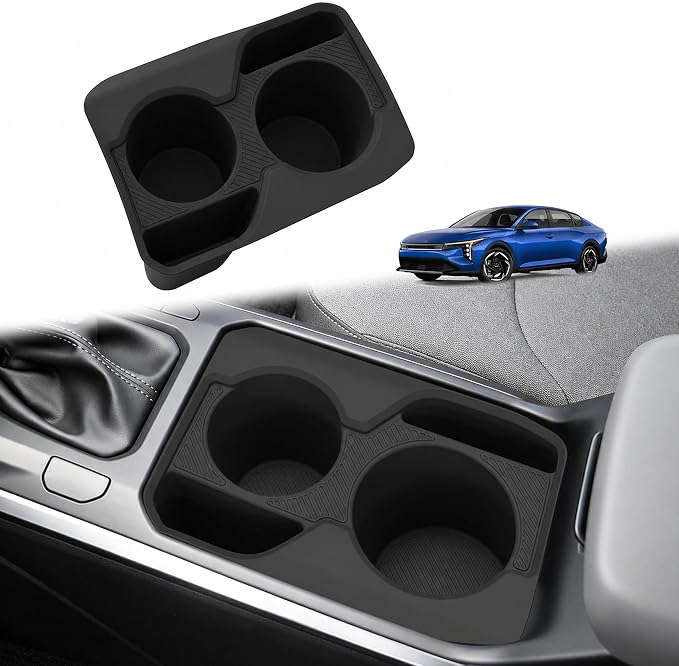 Center Console Cup Holder Insert for Kia K4 2025 2026, Soft Silicone Cup Holder Organizer Tray, Dual Drink Slots, Anti-Slip Interior Storage Bin Accessories, Black