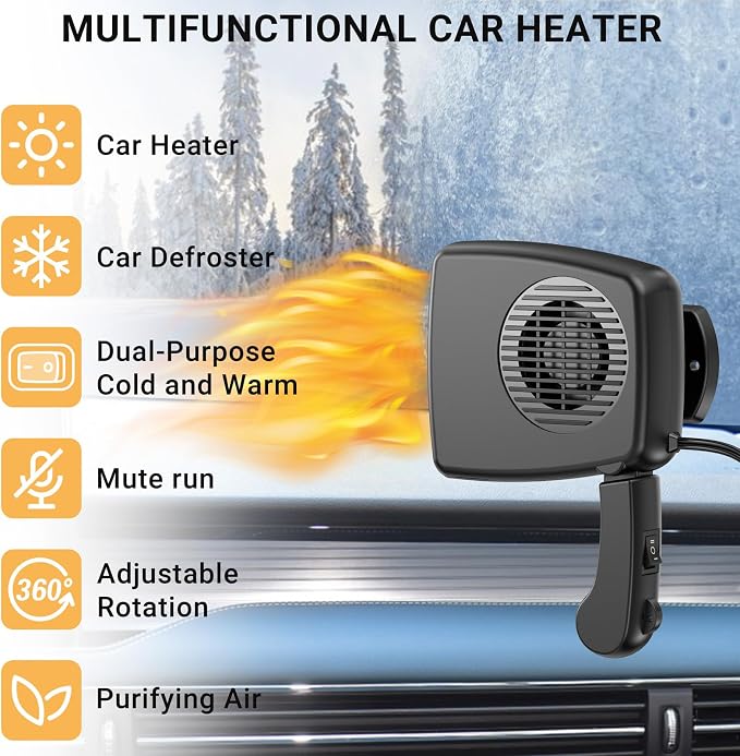 12V Car Heater, 200W Car Heaters That Plug Into Cigarette Lighter Portable electric Heaters for Cars, Car Defroster Windshield Demister, Auto Defogger 360° Rotatable With Ergonomic Handle