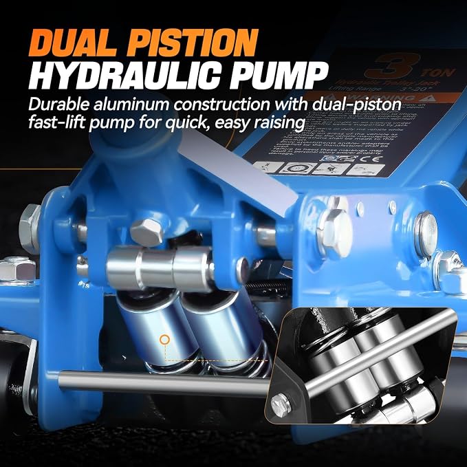 3 Ton Low Profile Floor Jack, Heavy Duty Steel Hydraulic Car Jack with Dual Pistons Quick Lift Pump, Hydraulic Racing Floor Jack, Lifting Range 3" to 20", Blue