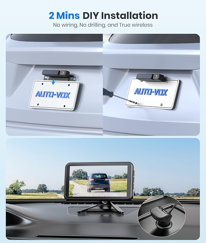 Solar Wireless Backup Camera with 5" 1080P Monitor: 5000mAh Battery 2 Mins DIY Installation & 2 Split Screen Back Up Camera, IP69K Waterproof Reverse Camera for Car, Van, SUV, Truck, Trailer
