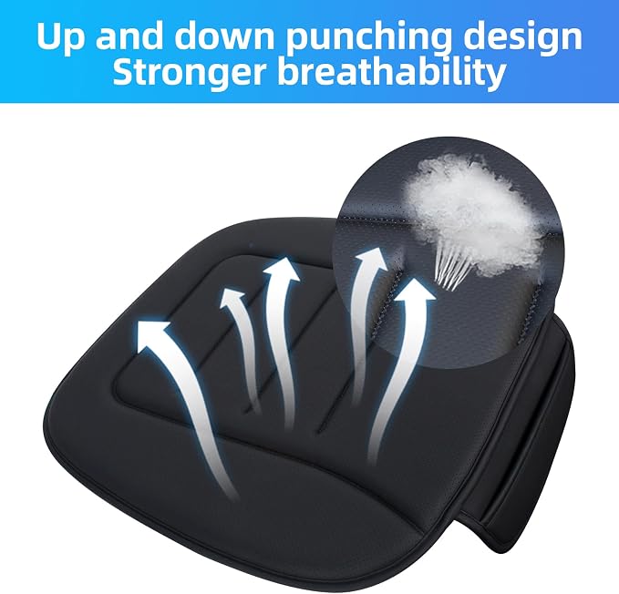 Car Seat Cushion, Comfort Memory Foam Car Cushions for Driving, Breathable Leather Surface with Anti Slip Rubber Bottom, Seat Cushion for Car and Office Chair (1 Pack, Black)