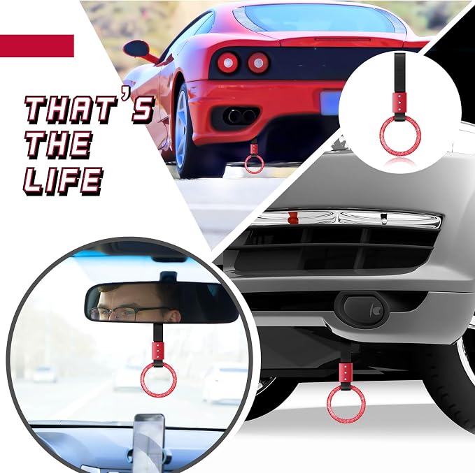 Bling Car Accessories Bling Round Handle Ring Car Accessory for Women Hand Strap Drift Charm Rear Bumper Warning Ring Decor for Auto Bus Interior Exterior Decoration(Red, Round Style)