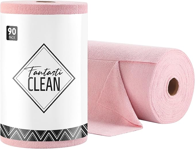 Microfiber Cleaning Cloth Roll -90 Pack, Tear Away Microfiber Towels, 12" x 12", Reusable, Washable, Scratch Free, Ultra Absorbent Dishcloth for All-Around Cleaning Supplies (Pink)
