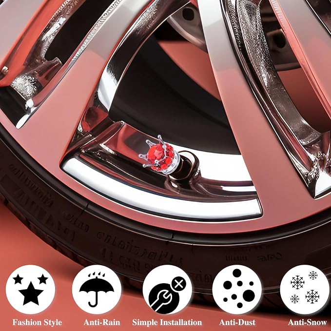 4PCS Crown Bling Tire Stem Valve Caps, Crystal Diamond Car Wheel Tire Valve Caps Universal Copper Core Stem Covers for Cars, SUV, Trucks, Bikes, Motorcycles, Bicycles (Silver & Red)