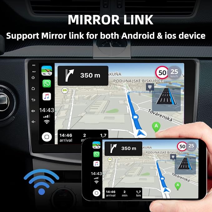 10 Inches Double Din Car Stereo, Apple CarPlay Screen, 2G+32G, Bluetooth Android Auto Screen with Backup Camera, Touch Screen, WiFi, Mirror Link, HiFi, GPS, FM
