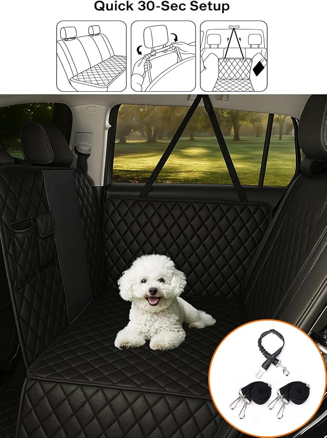 fidozen Dog Car Seat Cover, Universal Fit, Waterproof, Breathable, Machine Washable, Pet Hammock with Storage Pocket, (Black, Extra Large)