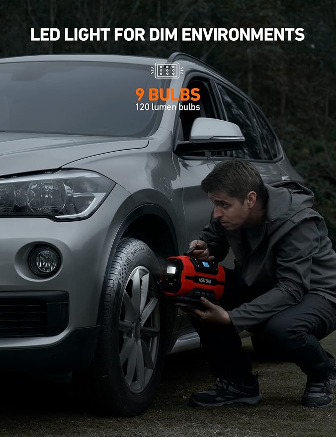 Tire Inflator Portable Air Compressor Pump 150PSI 12V DC/110V AC with Dual Metal Motors&LED Light, Automotive Car Accessories&Two Modes for Car, Bicycle Tires and Air Mattresses, Red
