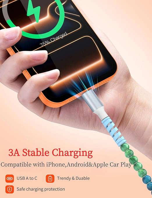 USB A to USB C Cable 6FT,Beaded Charger Cord for iPhone 17 16 Pro Max 17e 15 Car play,Cute Type C Car Charger Charging Cord for iPad 10 11th A16/Samsung S26 S25 S24/Android Phone Girls Women,BlueGreen