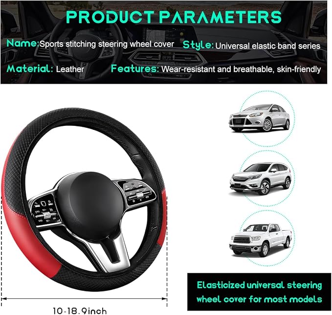 Car Steering Wheel Cover, 15 inch Carbon Fiber Microfiber Leather Elastic Steering Wheel Protector, Breathable Anti-Slip Comfortable Steering Wheel Covers for Most Cars (Black&Red, AD)