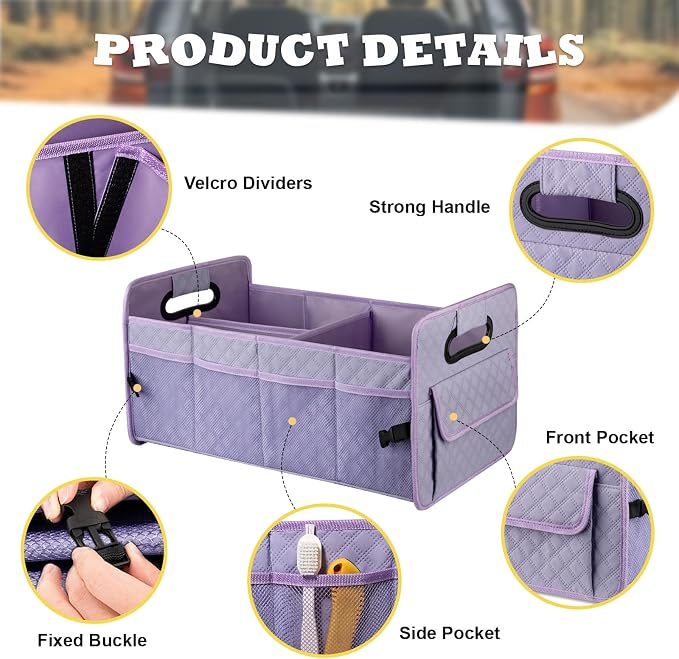 Car Trunk Organizers and Storage for SUV, Collapsible Multi Compartment Container Box Adjustable Car Accessories for Women Men, Light Purple