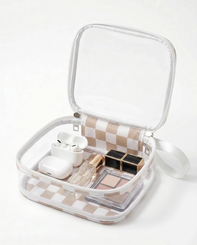 Preppy Clear Makeup Bag Travel Cosmetic Case Transparent Khaki and Beige Checkered Toiletry Bag with Zipper,Portable Mini Make Up Organizer Traveling Compact Car Bag for Essentials