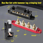 Power Distribution Block Bus Bar 4 × 3/8" Posts 6 × #8 Screws with Hammer Lug Crimping Tool, Marine Bus Bar 48V 250A for Automotive, Car, Boat, Solar Wiring