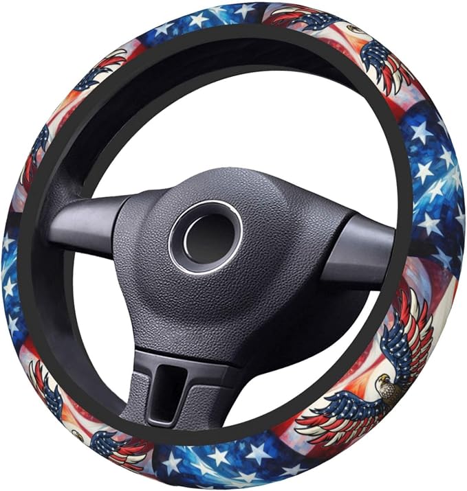 American Flag Neoprene Steering Wheel Cover Anti-Slip Elastic Eagle Pattern Steering Wheel Protector 15in Universal Car Accessories Fit Cars, SUVs, Auto