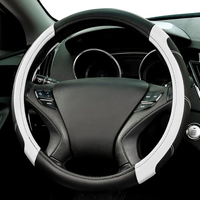 Line Rider Microfiber Leather Sporty Steering Wheel Cover Universal Fits for 95% Truck,SUV,Cars,14.5-15inch Anti-Slip Safety Comfortable Desgin (Black-White)