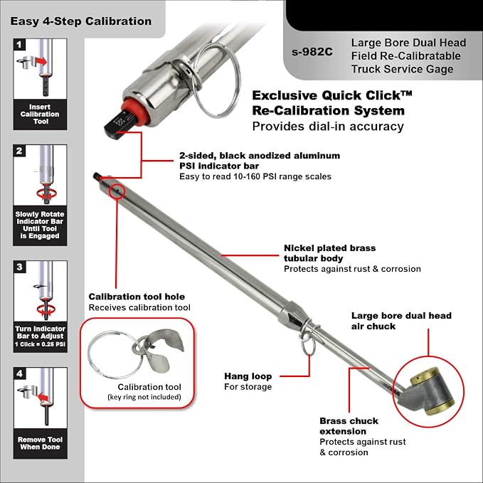 s-982C Calibratable Tire Pressure Service Gauge, Large Bore Dual Chuck, 10-160 PSI