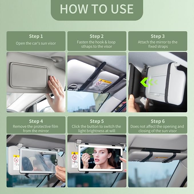 2PCS Car Visor Vanity Mirror with Lights, Rechargeable Dimmable Touch LED Sun Visor Mirrors, Large Detachable Vanity Makeup Mirror with 3 Color Modes for Truck SUV Car Accessories for Women(Black)