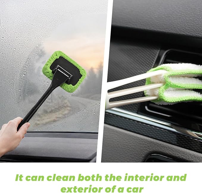 Car Windshield Cleaning Tool, Detachable Window Cleaner with Reusable Microfiber Pads & Spray Bottle, Glass Wiper Windshield Detailing Cleaning Kit for Most Cars Trucks SUVs