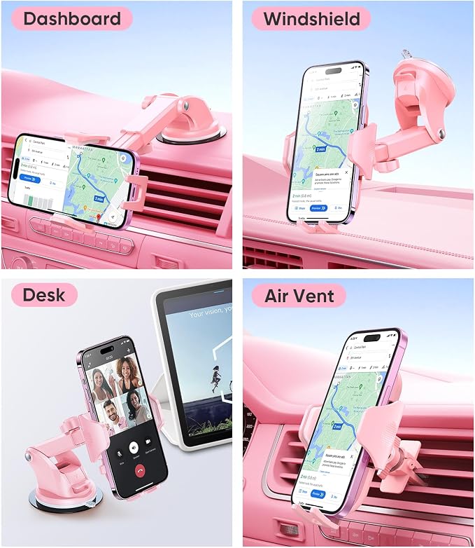 Pink Phone Holders for Your Car, [True Military-Grade Shockproof Strongest Suction Power], 3-in-1 Dashboard Windshield Vent, Truck Boat Stand Cell Phone Mount for iPhone Android All Phones