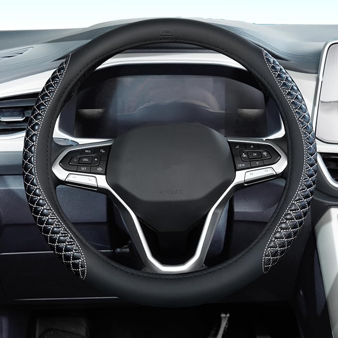 Coverado Car Steering Wheel Cover, Nappa Leather Black & Grayline Steering Wheel Covers, Universal 14-15 inch, Anti-Slip, Breathable Steering Wheel Protector for Women Men