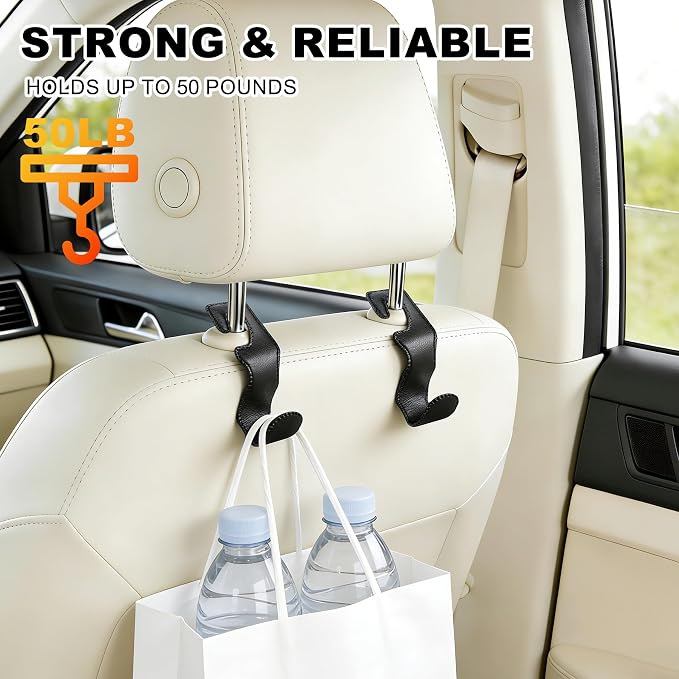 Headrest Hooks for Car, Leather Car Purse Hooks Hanger Holder Hook for Hanging Purses and Bags and Coats, 4Pack Black