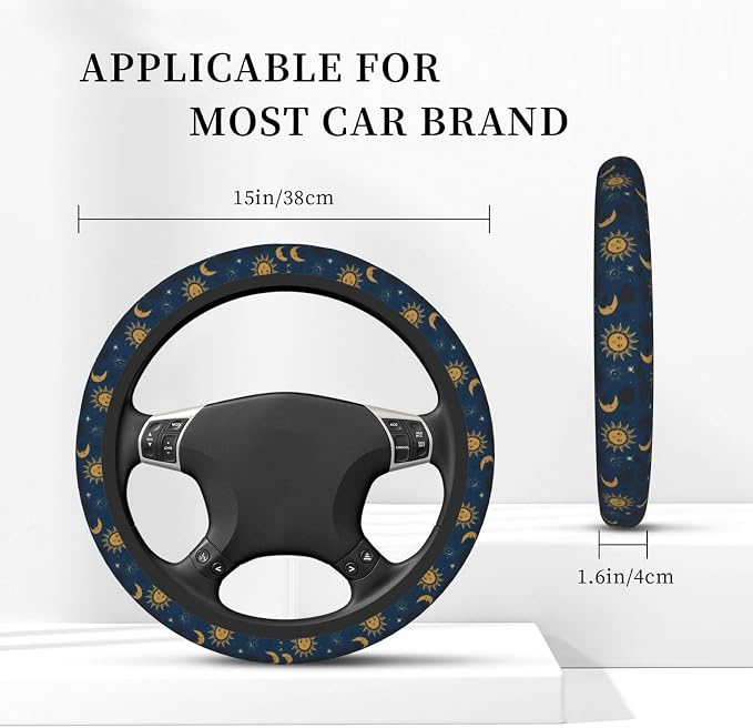 Elastic Stars Sun Moon Navy Boho Car Steering Wheel Cover Protector Upgrade Thicken,Durable Soft Car Accessories for Diverse Cars Truck SUV for Men Women Universal 15 Inch