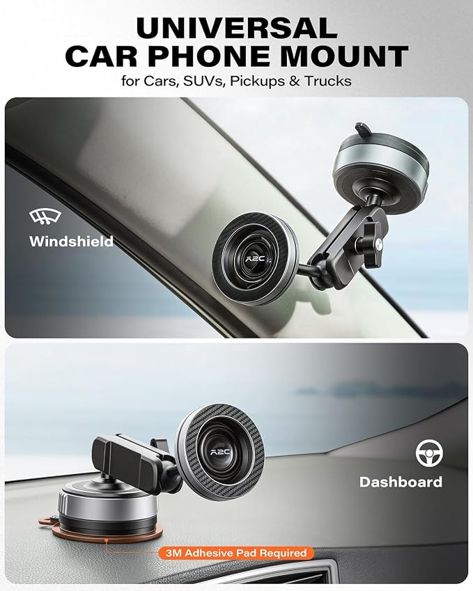 Car Phone Mount for MagSafe, Magnetic Suction Cup Holder | Windshield & Dashboard Mount, Aluminum Tri-Pivot Arm, 67mm Gel-Lock Twist-Lock Suction Cup, Universal Phone Compatibility