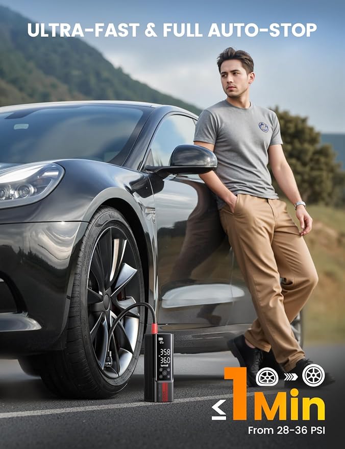 Portable Car Tire Inflator - Air Compressor [150 PSI] [4X Faster] Cordless Car Air Pump Rechargeable, Pressure Gauge Display, LED Light, for Cars, Motorcycles, Bike, Wheels Accessories Gifts