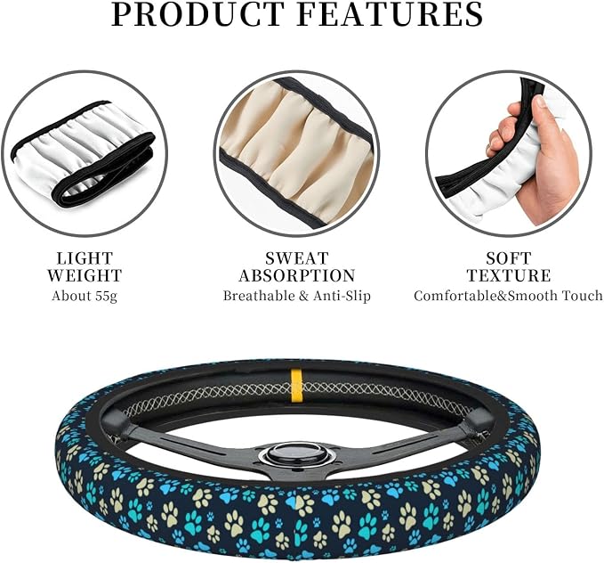 Blue Dog Paw Print Auto Car Steering Wheel Cover Universal 15 Inch Neoprene Interior Decor Protection Accessories