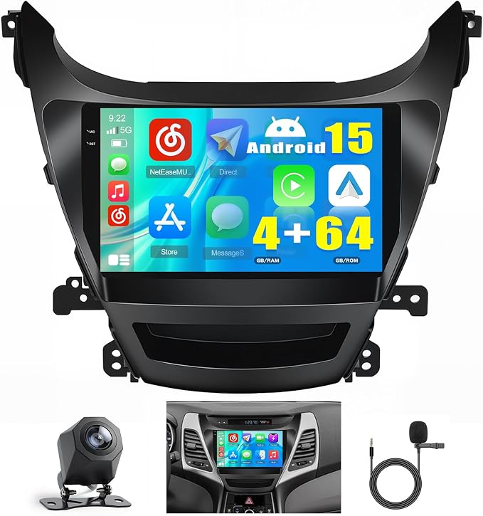 4+64G Android 15 Car Stereo for Hyundai Elantra 2014-2016, 9” Touchscreen Radio with CarPlay, Android Auto, Bluetooth, GPS Navigation, WiFi, DSP, FM, RDS + AHD Backup Camera