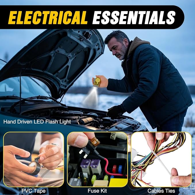 Car Emergency Kit with Jumper Cable, First Aid Kit Safety Assistance Tools for Travel Camping Outdoor Cars Truck SUV RV, Roadside Essentials with Flash Light